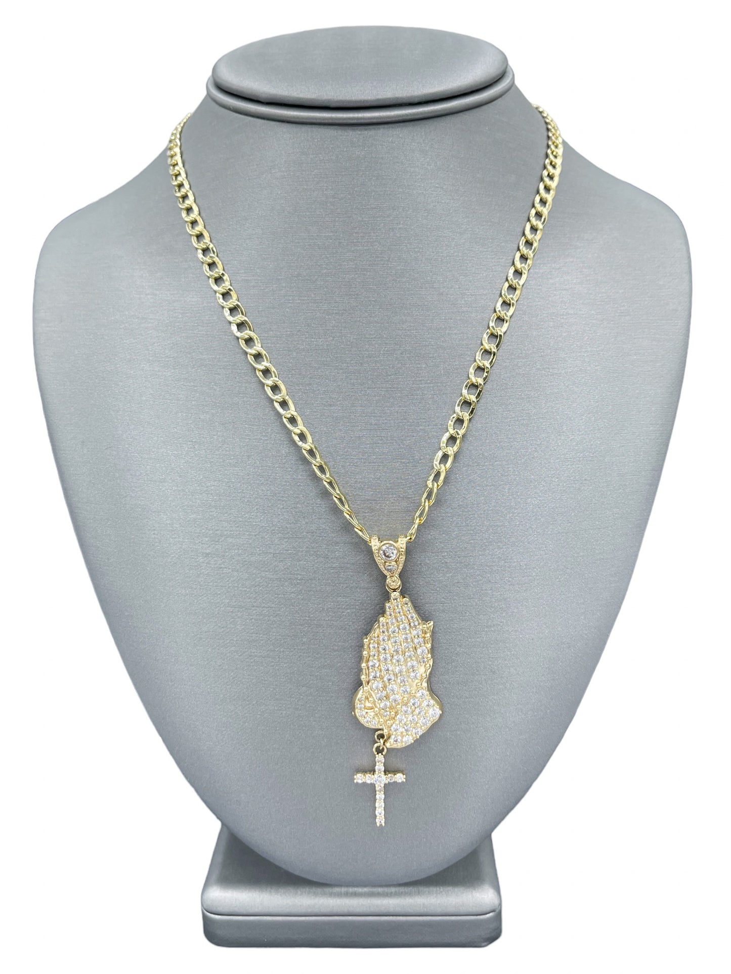 New 14K CZ Rosary Prayer Hands Pendant & Cuban Chain (4.8MM) H.J™️