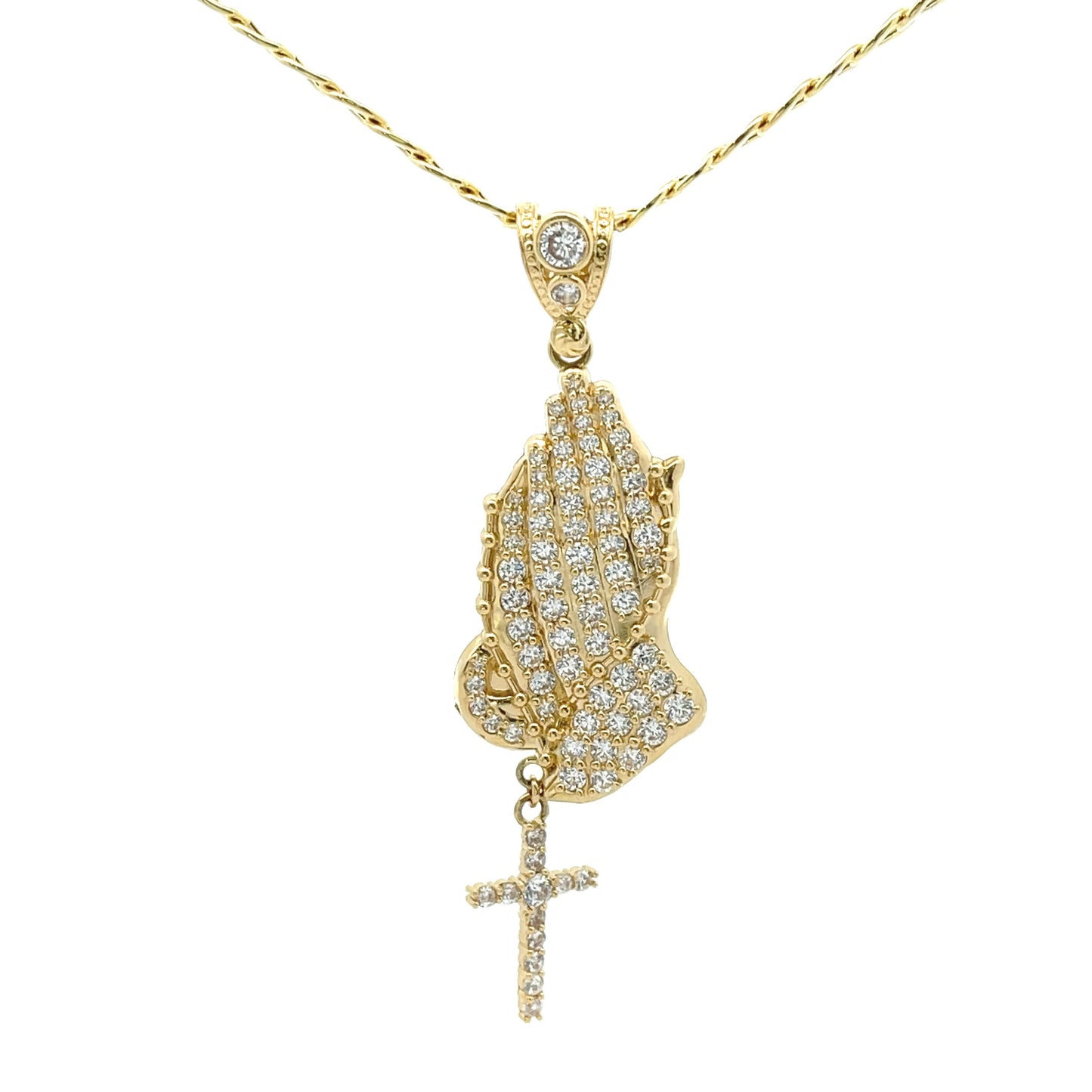 New 14K CZ Rosary Prayer Hands Pendant & Cuban Chain (4.8MM) H.J™️