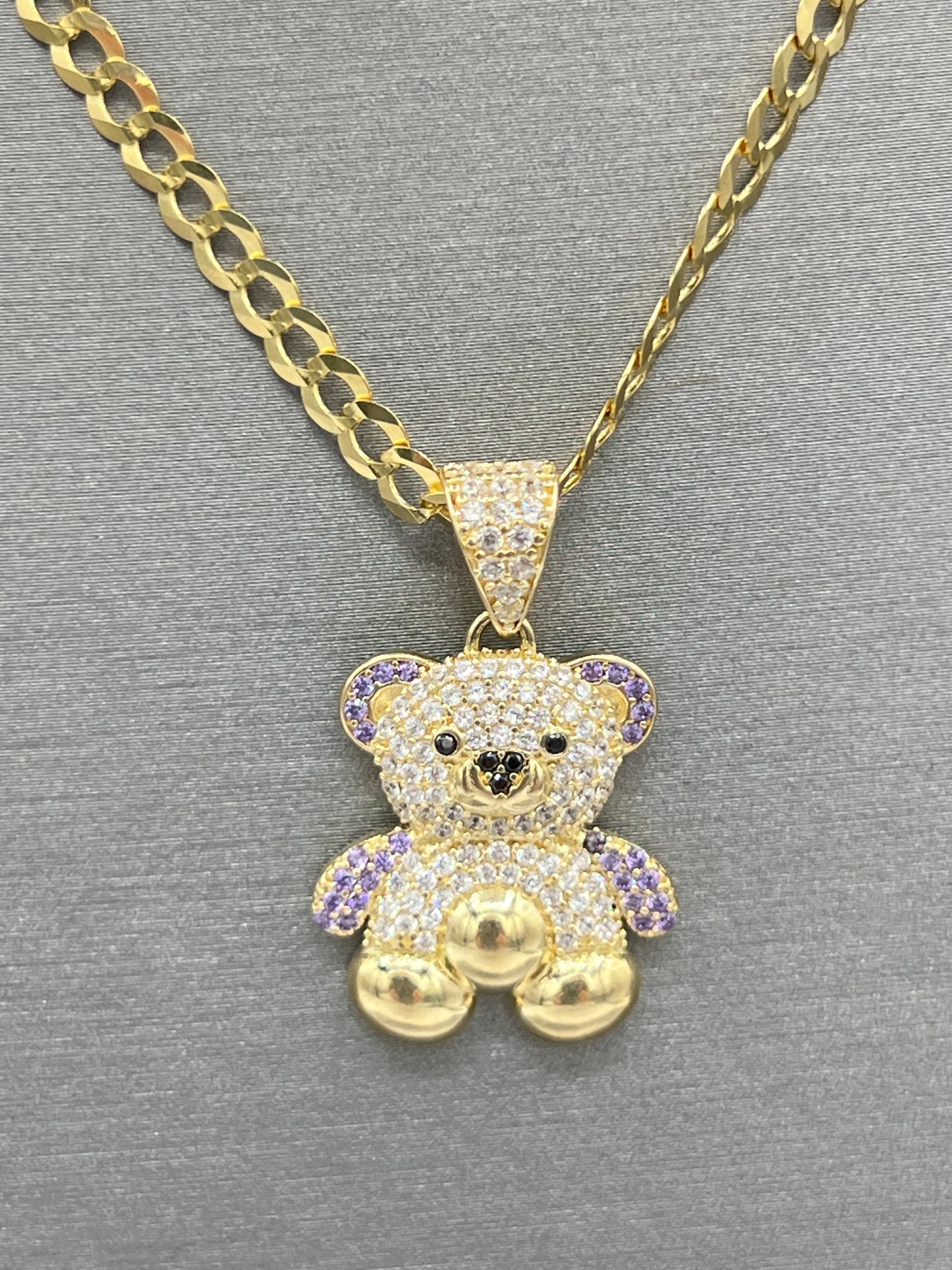 New 14K CZ Teddy Bear Pendant & Solid Cuban Chain (3.7MM). H.J™️